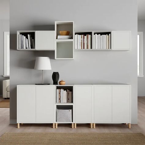 EKET Storage combination with legs, white/light gray, 825/8x133/4x825/8" - IKEA Eket Combination, Movable Shelves, Besta Ikea, Ikea Eket, Movable Shelf, Ikea Furniture Hacks, Wall Mounted Cabinet, Ikea Storage, White Stain