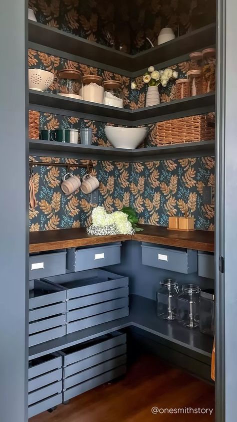 36 Corner Pantry Ideas to Maximize Your Kitchen Storage Wallpaper Pantry Interior, Corner Pantry Ideas, Dröm Hus Planer, Pantry Wallpaper, Pretty Pantry, Pantry Renovation, Open Pantry, Pantry Decor, Pantry Room