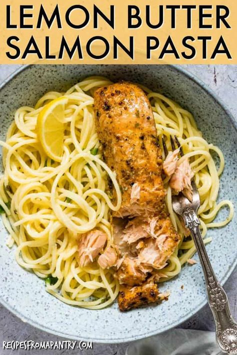 This Lemon Butter Salmon Pasta recipe is quick, easy and simple and perfect for brunch (and quick weeknight suppers) treats. #lemonbuttersalmon #salmonpasta #fishpasta #easysalmonrecipe #lemonbuttersauce #salmon #salmonnutrition #salmonrecipes Lemon Butter Salmon Pasta, Salmon Recipes Simple, Salmon And Pasta Recipes, Pasta With Fish, Salmon And Pasta, Salmon Pasta Recipe, Pasta Salmon, Salmon Pasta Recipes, Lemon Butter Salmon