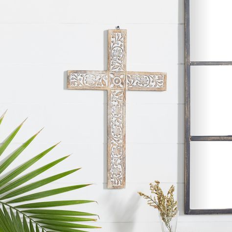 "Brown Mango Wood Traditional Wall Decor Add a touch of spirituality to your space with this gorgeous cross wall decor. Made in India, the decorative cross features elegant floral patterns carved on a mango wood body. The cross is 24\" tall and 15\" wide, making it an eye-catching addition to your wall. A beige and brown finish allows it to fit in with traditional- or rustic-style decorating schemes. This item comes shipped in one carton. Item comes with metal loop for easy and secure hang. Suit Wall Decor Traditional, Rustic Style Decor, Spiritual Wall Decor, Traditional Wall Decor, Cross Wall Decor, Cross Wall, Home Design Plan, Crosses Decor, Wooden Cross