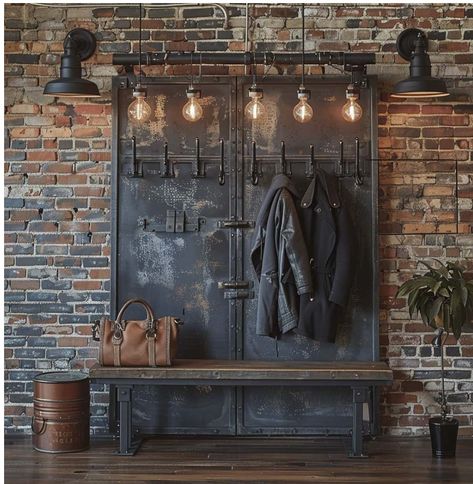 Industrial Entrance Design, Industrial Style Hallway, Dark Entrance Hall Ideas, Industrial Entryway Ideas, Entrance Furniture Ideas, Industrial Entrance, Steam Punk Decor, Gray Entryway, Industrial Furniture Design