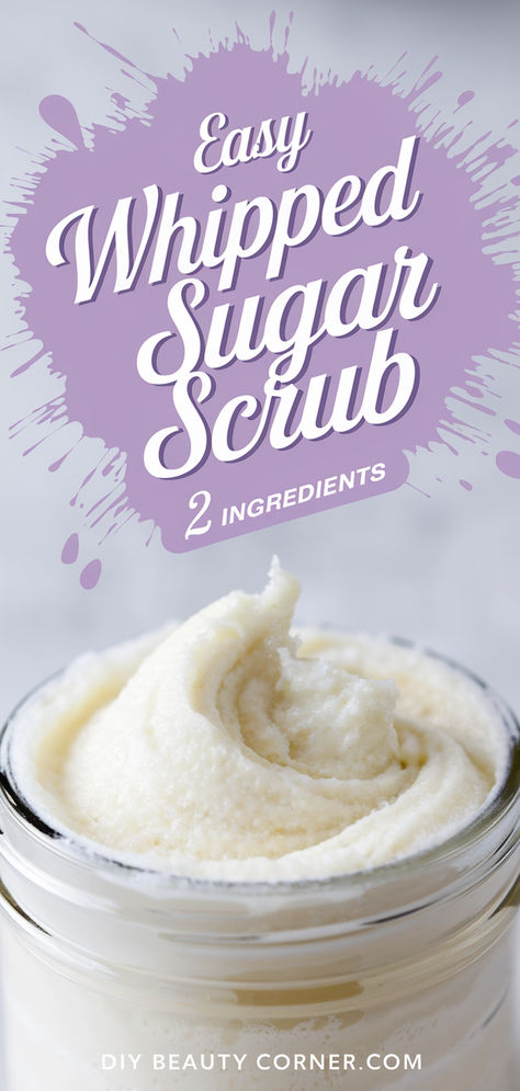 DIY whipped lavender sugar scrub in a jar, made with 2 simple ingredients, perfect for skin exfoliation and natural skincare. Pre Shave Scrub Diy, Grinch Sugar Scrub, How To Make Hand Scrub Homemade, Sugar Scrub Gift Ideas, Lavender Sugar Scrub Diy, Oatmeal Sugar Scrub, Easy Body Scrubs Homemade, Homemade Scrubs Recipes, Diy Lavender Sugar Scrub