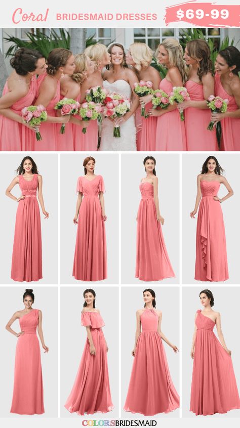 Coral bridesmaid dresses on sale $69-99, in 600+ custom-made styles and all sizes. 150+colors, made to order, fast arrived, color sample available. #colsbm #bridesmaids #bridesmaiddresses #coralwedding #weddingideas #coraldress b1142 Salmon Bridesmaid Dresses Coral, Bridesmaid Dresses Different Styles, Vestidos Color Durazno, Coral Bridesmaid Dresses Long, Bridesmaid Dresses Coral, Coral Wedding Colors, Making A Wedding Dress, Coral Bridesmaid, White Bridal Gown