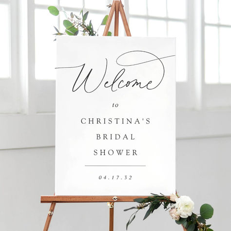 A chic foamcore easel sign to welcome guests to your bridal shower or any event, featuring classic black lettering with calligraphy script accents on a crisp white background. Foam Board Welcome Sign, Event Welcome Sign, Board Welcome Sign, Black Calligraphy, Simple Bridal Shower, Welcome Boards, Bridal Shower Welcome Sign, Calligraphy Script, Script Lettering