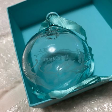 New In Box, Tiffany & Co. Christmas Ornament Crystal Glass Ball From 2018. Hanging From A Blue Ribbon. About 10 Inches Diameter - Measurement Shown Tiffany Blue Office, Tiffany Decor, Tiffany Christmas, Train Ornament, Tiffany Box, Tiffany And Co, Tiffany Blue, Blue Ribbon, Glass Ball