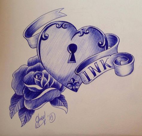 coeur / heart / rose / flower / fleur / cadenas / padlock / dessin / sketch / drawing / croquis / ballpen / art Ballpen Art, Lock Drawing, Key Tattoo Designs, Rose Flower Tattoos, Lioness Tattoo, Key Tattoo, Tattoo Mandala, Zen Doodle Patterns, Heart Tattoo Designs