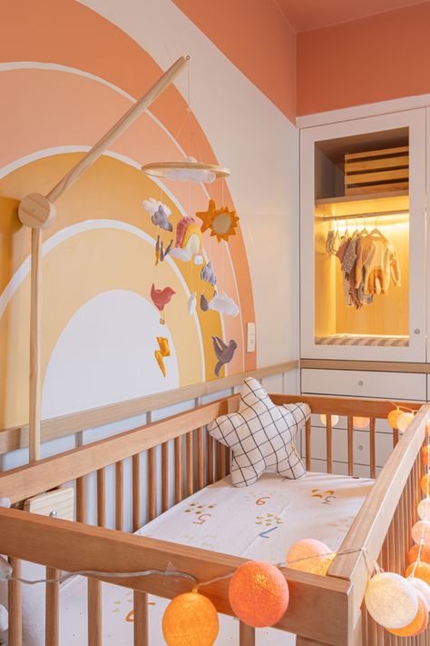 Tangerine Nursery, Pink And Orange Nursery, Happy Nursery, Yellow Baby Room, Rainbow Room Kids, Orange Nursery, Girl Nursery Themes, Yellow Nursery, Room Wall Painting