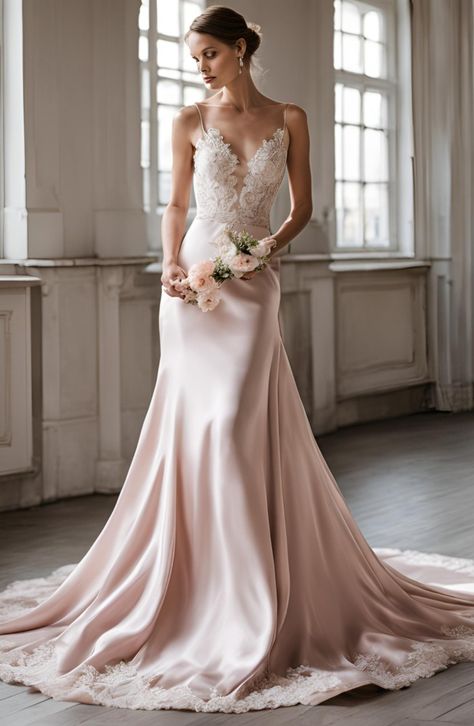 pink silk wedding dress with lace. colored wedding dresses Pink Blush Wedding Dress, Pink Wedding Dress Aesthetic, Blush Reception Dress, Pink Wedding Dress Simple, Pink Silk Wedding Dress, Silk Wedding Dress With Lace, Pale Pink Wedding Dress, Ice Blue Wedding Dress, Light Pink Wedding Dress