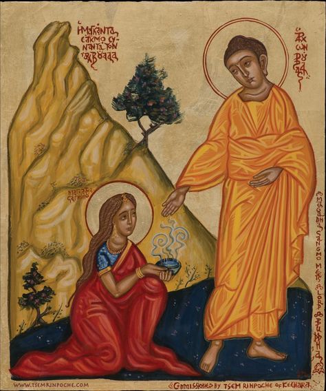 A Byzantine depiction of Magadha Sangmo meeting her guru, the Lord Buddha. Please click to enlarge. Buddhist Iconography, Celestial Beings, Buddhist Philosophy, Lord Buddha, Gautama Buddha, Tibetan Art, Rap Aesthetic, Wallpaper Gallery, Buddha Image