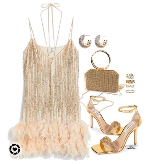 Gatsby style dress, gold dress, feather trim dress, sequins, feathers, sparkles, gatsby, 1920s style, vintage style, gold accessories Follow my shop @Stylingbynatalie_ on the @shop.LTK app to shop this post and get my exclusive app-only content! #liketkit #LTKSeasonal #LTKHoliday #LTKstyletip @shop.ltk https://liketk.it/3Ui0M Gatsby Inspired Cocktail Dress, Modern Roaring 20s Outfit, Gatsby Mini Dress, Gold Feather Dress, Great Gaspy Theme Outfit, Fitted Feathered Flapper Dress, Gold Sequin Flapper Dress For Night Out, Gold Embellished Flapper Dress For Party, Gold Fitted Flapper Dress