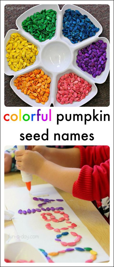 Colorful name activities using pumpkin seeds! Meaningful, beautiful, and educational! #PLAYfulpreschool October Activities, Fall Preschool Activities, Pumpkin Activities, Name Activities, Fall Preschool, Pumpkin Seed, Pumpkin Colors, Thanksgiving Activities, Pumpkin Crafts