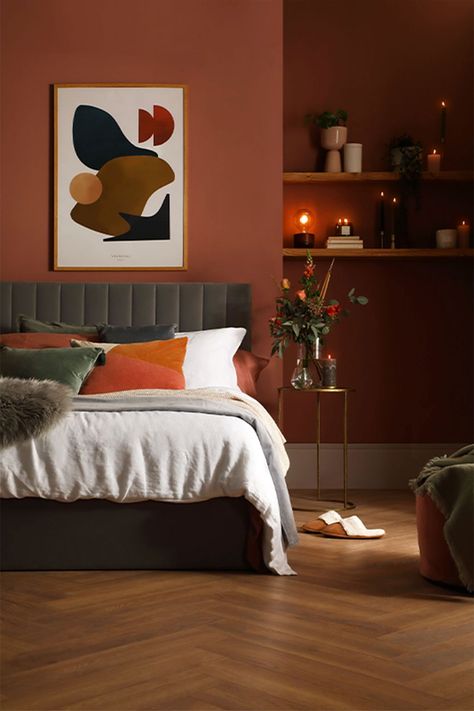 9 ultra chic modern bedroom ideas that are sure to inspire | Inspiration | Furniture And Choice Grey Upholstered Bed, Soothing Bedroom, Bedroom Color Combination, Apartment Wall Decor, Fall Bedroom Decor, Mid Century Modern Bedroom, Bedroom Orange, Fall Bedroom, Room Inspiration Bedroom