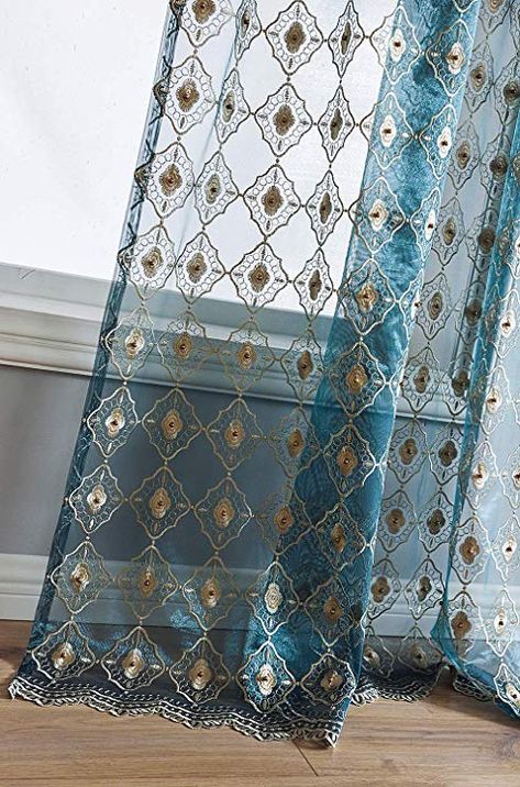 Lace Curtains Living Room, Peacock Living Room, Curtain Panels Living Room, Moroccan Curtains, Beaded Door Curtains, Beige Embroidery, Moroccan Living Room, Dining Room Windows, Bohemian Curtains