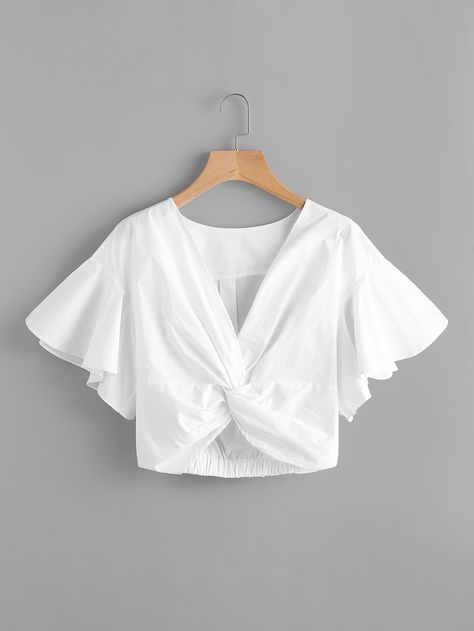 Shop V-neckline Twist Knot Front Crop Top online. SheIn offers V-neckline Twist Knot Front Crop Top & more to fit your fashionable needs. White Shirts, Casual White Shirt, Twist Front Crop Top, Crop Tops Online, Front Crop Top, Denim Crop Top, Fashion Tops Blouse, Twist Knot, Girls Fashion Clothes