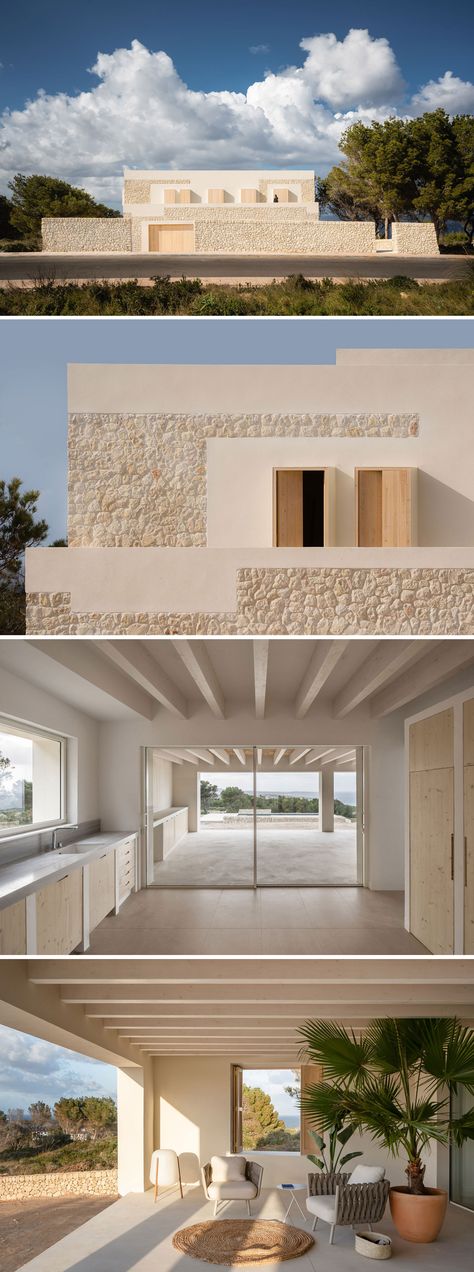 Built on a sloping hill in Menorca, Spain, Stone House offers its inhabitants stunning views of the coast and the sea. Barcelona and Stockholm-based architecture studio Nomo Studio designed the dwelling as a contemporary interpretation of vernacular houses, but with a distinctive character that sets it apart from traditional architecture. #architecture #spain #stone #modern Modern Vernacular Architecture, Minimal Houses, Handrail Lighting, Tuscan Architecture, Menorca Spain, Exterior Color Palette, Studio Build, Architecture Elevation, Vernacular Architecture