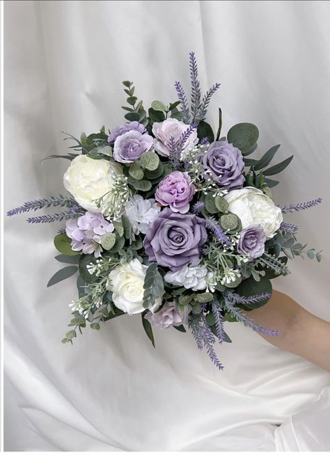 Lavender Prom Bouquet Ideas, Lilac Bouquets Wedding, Wedding Bouquets White And Purple, Purple Green White Bouquet, Bouquet Wedding Lavender, Lilac Purple Flower Bouquet, Purple Fake Flowers, White And Lavender Flowers, Purple And Green Flower Bouquet