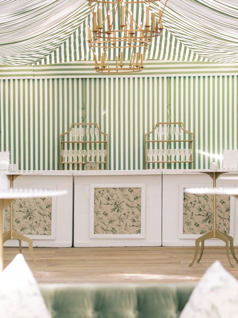 green and white stripes, young and fun wedding inspo, luxury wedding, gold accents, luxury linen rentals, wedding vendors, event planning Wedding Reception Bar Decor, Fabric Bar Sign Wedding, Round Wedding Bar, Wedding Bars, Colorful Wedding Bar Decor, White Bar Decor Wedding, Tent Entrance, Bar Wedding, Pattern Cocktail Table Wedding