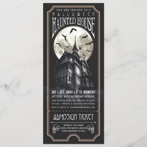 Halloween Haunted House Ticket Invitation - halloween invitations wbg Hallowedding Invitations, Halloween Party Tickets, Vintage Haunted House, House Halloween Party, Halloween Invitaciones, Haunted House Halloween Party, Haunted House Halloween, Halloween House Party, Halloween Haunted House