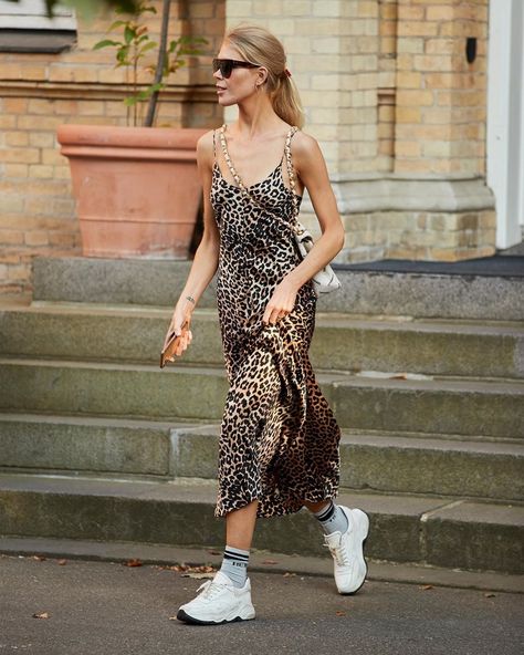 Leopard Midi Dress Outfit, Animal Print Dress Outfit, Leopard Slip Dress, Dress And Sneakers Outfit, Midi Dress Outfit, Ganni Dress, Cheetah Dress, Midi Tank Dress, Changing Room