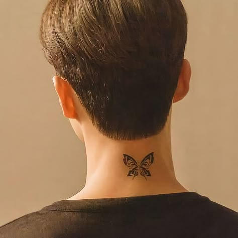 Back Of Neck Tattoo Men, Butterfly Neck Tattoo, Song Tattoos, Butterfly Hand Tattoo, Butterfly Back Tattoo, Neck Tattoos Women, Tattoo Butterfly, Back Of Neck Tattoo, Tatuaje A Color