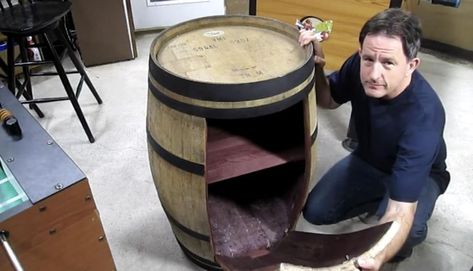 Looking for a unique upcycle project? Here's a tutorial to help you build the perfect DIY wine barrel cabinet of your dreams! Check out more upcycle projects at Hometalk! Wine Barrel Furniture Diy, Barrel Projects Diy, Barrel Trash Can Ideas, Wine Barrel Projects Diy, Wine Barrel Cabinet, Whiskey Barrel Liquor Cabinet Diy, Diy Wine Barrel Bar, Diy Whiskey Barrel Bar, Repurposed Whiskey Barrel