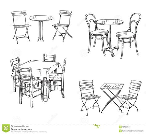 Sets of Tables and Chairs. Furniture Sketch. Stock Vector - Illustration of restaurant, furniture: 124552157 Draw Table Sketch, Table And Chairs Tattoo, Table And Chair Tattoo, How To Draw Table, Restaurant Drawing Sketch, Table Tattoo Design, Table Sketch Design, Table And Chair Drawing, Dining Table Sketch