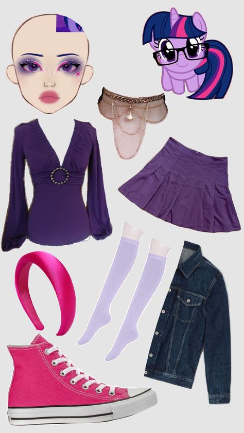 Twilight Sparkle costume Twilight Sparkle Outfits Aesthetic, Twilight Sparkle Halloween Costume, Twilight Sparkle Makeup, Twilight Sparkle Outfits, Twilight Sparkle Hairstyle, Twilight Sparkle Halloween, Twighlight Sparkle Cosplay, Mlp Twilight Sparkle Inspired Outfits, Twilight Sparkle Cosplay