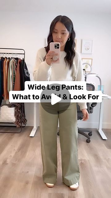 Audrey Tom / Style & Wardrobe Coach on Instagram: "Stay to the end for the side-by-side!💫 Remember, FIT👏🏼 IS👏🏼 QUEEN👏🏼 Additionally, I didn’t mention this in the video but a couple more tips for wide leg pants: Be sure to look for a pair with a HIGH RISE so that it adds length to combat the added width. And always, always make sure the pants are the right length. The green pair is too long, starting to bunch at the bottom. Besides looking messier, it creates a visual heaviness at the Blazer Wide Pants Outfit, High Waisted Wide Leg Dress Pants, Brown Tapered Pants Outfit, Style Wide Leg Cargo Pants, Pleated Trousers Outfit Casual, Wide Leg Courdoroy Pants Outfit, Outfits With Trousers Casual, Wide Leg Pants With Sweater, Dark Brown Wide Leg Pants Outfit