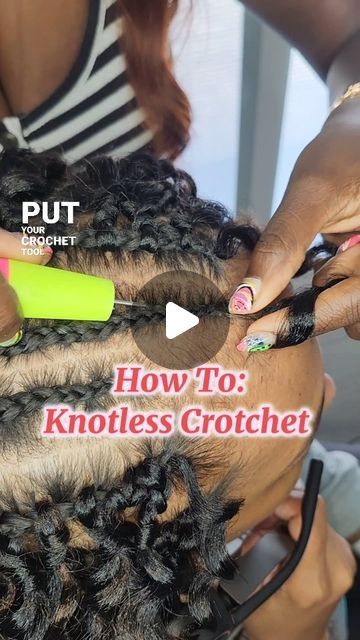 Brittany | Traveling Hair Stylist on Instagram: "🛑How To: Knotless Crotchet. Follow To Learn How To Do Hair. SAVE AND TRY FOR LATER. Call 301-485-9298 for your next appointment. NOW Traveling To All States.   ❗️CROTCHET HAIR: Freetress Beach Wave   💎A knotless crochet hairstyle is a type of protective style that combines the benefits of knotless braids and crochet braids.   💎Instead of starting the braid with a knot at the root, which can cause tension and breakage, the knotless method begins with crotcheting the hair through the braid as shown in the video or a feed-in braid technique, gradually adding hair extensions as you braid down.   💎This reduces scalp tension and results in a more natural look. After creating the foundation braids, the crochet hair extensions are then looped th Feed In Crochet Braids, Crochet With Braiding Hair, How To Crochet Braids For Beginners, Latch Hook Hairstyles Crochet, How To Crochet Hair, How To Do Crochet Braids, Crotchet Braids Styles Hairstyles, Crotchet Braids Pattern Hair, Braid Down For Crochet