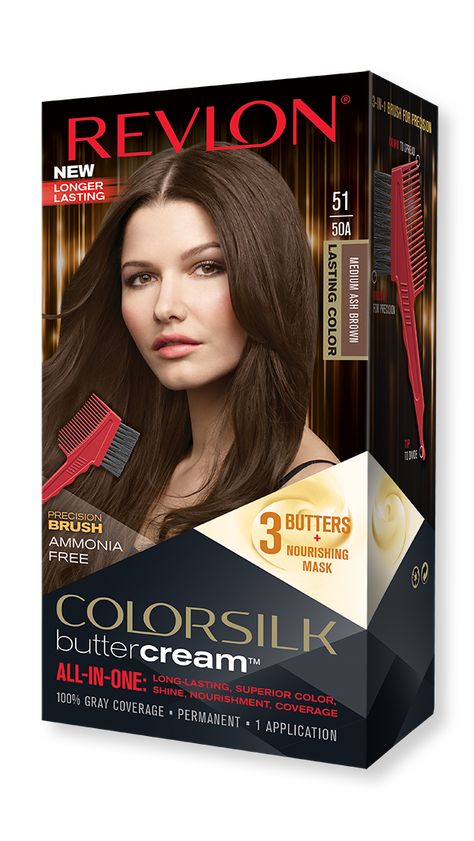 Revlon:ColorSilk Buttercream Medium Ash Brown 51 | Beauty Lifestyle Wiki | Fandom Revlon Color Silk Chart, Light Brown Box Dye, Revlon Hair Dye, Revlon Skinlights Highlighter, Medium Ash Brown Hair, Ash Brown Hair With Highlights, Revlon Colorsilk Hair Dye, Medium Ash Brown, Revlon Colorsilk