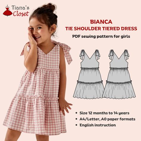 Bianca tie shoulder tiered dress - PDF sewing pattern for kids | Digital sewing pattern for girls | Tiana's Closet Sewing Patterns Girl Dress Pattern, Dress Patterns Free, Couture Mode, Sewing Patterns For Kids, Diy Sewing Clothes, Sewing Pattern Sizes, Dress Sewing Pattern, Diy Couture, Dress Sewing Patterns