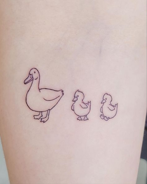 Mama Duck Tattoo, Mother Goose Tattoo Small, Mom Duck And Ducklings Tattoo, Duckling Tattoo Baby Ducks, 3 Ducks Tattoo, Lil Duck Tattoo, Duck Duck Goose Tattoo, Mother Duck Tattoo, Make Way For Ducklings Tattoo