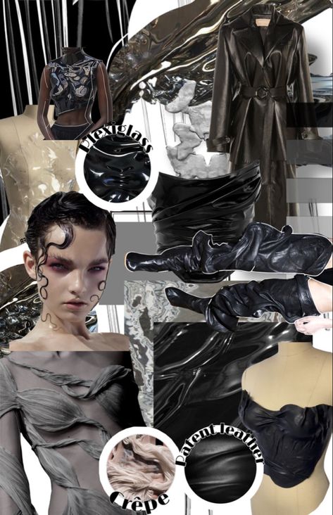 Fashion Design Moodboard Inspiration, Futuristic Fashion Moodboard, Fashion Portfolio Moodboard, Trend Book Layout, Fabric Board Fashion, Moodboard Fashion Design Mood Boards, Moodboard Ideas Layout, Fashion Trend Moodboard, Material Board Fashion