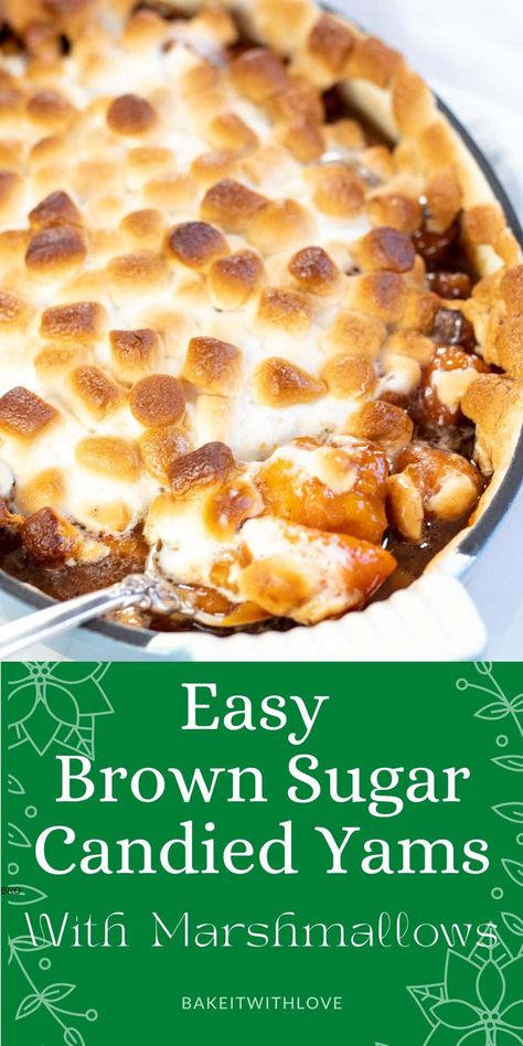 This brown sugar candied yams recipe couldn't be easier and it makes a perfect holiday side dish for Thanksgiving or Christmas! Canned yams are already tender, so there's no peeling necessary and it cuts the cooking time in half. Even better than that, they are cooked in sweet cinnamon syrup and topped with melted mini marshmallows! BakeItWithLove.com #bakeitwithlove #candied #yams #brownsugar #Christmas #Thanksgiving #sidedishes Thanksgiving Yam Recipe, Can Yams Recipe, Candied Sweet Potato Recipes, Canned Sweet Potato Recipes, Candied Yams With Marshmallows, Yams With Marshmallows, Candied Yams Recipe, Canned Yams, Sweet Potatoes With Marshmallows