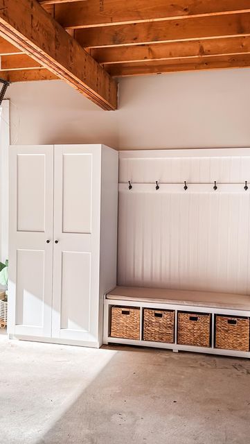 Creating A Mudroom In Garage, Garage Shoe And Bag Storage, Garage Cubby Storage Diy, Garage Entry Mudroom Ideas, Drop Zone Garage Entry, Mudroom Next To Stairs, Garage Jacket And Shoe Storage, Basement Coat Storage Ideas, Garage Shoe And Coat Storage