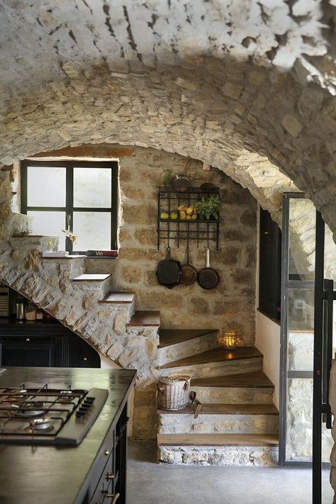 Tiny Kitchens With Islands, Old Stone Houses Interior, Small Staircase Ideas, Rustic Stone House, Stone Cottages Interior, Old Country Kitchen, Cottage Staircase, Old Country Kitchens, Hidden Staircase