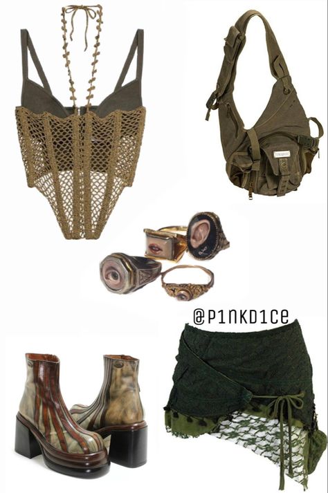 Earth Punk Fashion, Earth Tone Beach Outfit, Safari Rave Outfit, Swamp Aesthetic Outfit, Earthy Festival Outfits, Earthy Rave Outfit, Ubbi Dubbi Outfits, Desert Rave Outfits, Dune Rave Outfit