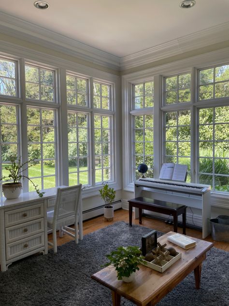 Sunroom With Window Seat, Desk In Sunroom, Piano Sunroom, Piano In Sunroom, Conservatory Office Ideas, Sunroom Desk, French Sunroom, Aesthetic Sunroom, Sunroom Office Ideas