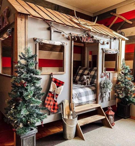 Merry Christmas From Our Home To Yours: 70 Christmas Decor Ideas Toddler Canopy Bed, Easy Painting Projects, Cabin Bed, Toddler Room Decor, Christmas Decorations Bedroom, Little Cabin, Boys Bedding, Christmas Bedroom, Big Boy Room