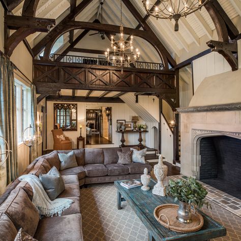 Tudor style family room with large stone fireplace and loft Tudor Decor, English Tudor Homes, Tudor Cottage, Alpine Design, Tudor Style Homes, Tudor House, Dome Tent, Tudor Style, Family Room Design