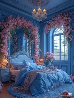 Pink And Blue Bedroom Aesthetic, Garden Bedroom Aesthetic, Blue Bedroom Decor Ideas, Bedroom Feature Wall, Apartment Bedroom Ideas, Baddie Apartment, Girly Apartments, Blue Bedroom Decor, Fantasy Rooms