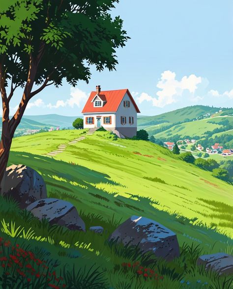 "A House on a Little Hill" #aiart #animeillustration #illustrationart #illustration #illustrator #art #design #drawing #painting #artwork #generativeartworks #house #cozy #hill #valley House In The Mountains Drawing, Country Side Drawing, House On Hill Painting, House Scenery Drawing, House On A Hill Drawing, House On A Hill Painting, Hill Background, Valley Illustration, Hill Painting