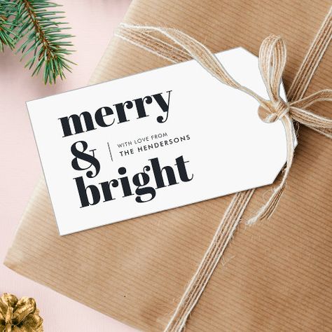 Merry And Bright Black And White Trendy Christmas Gift Tags #zazzle #weddinginvitations #birthdayinvitations #babyshowerinvitations #zazzleinvitations #monogram #businesscards #graduation #homedecor Forest Green Christmas, Trendy Luggage, Trendy Christmas Gifts, Luggage Stand, Simple Holiday Gifts, Typography Designs, Custom Ribbon, Cute Christmas Gifts, Christmas Party Supplies