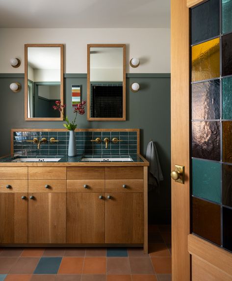 Inside a ’70s-Style River Island Home Outside Portland, Oregon Disco Floor, 1970s House, Two Sided Fireplace, Farrow & Ball, Glazed Brick, Custom Chandelier, River House, Island Home, Dining Room Chandelier