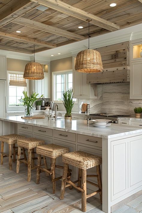 Kitchen Idea Aesthetic, Low Country Kitchen Design, Open Airy Kitchen, Coastal Lake House Interior Design, Coastal House Kitchen, Lake House Kitchen Ideas, Beach House Kitchen Ideas, Modern Beach House Kitchen, Coastal Boho Kitchen