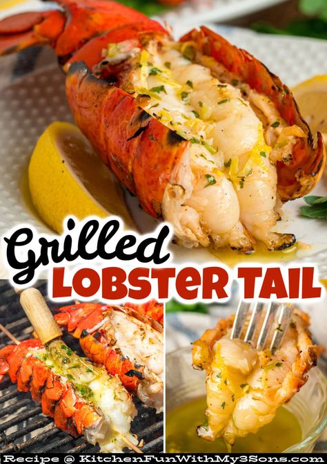 This Grilled Lobster Tail recipe offers tender, juicy lobster meat generously brushed with garlic butter. Elegant yet easy, this recipe is perfect for date nights, birthdays, and other special occasions.  #lobsterrecipes #seafoodrecipes Lobster On Grill, How To Grill Lobster Tails On The Grill, Grilling Lobster Tails, Bbq Lobster Tails, Bbq Lobster, Grilled Lobster Recipes, Grilled Lobster Tail Recipe, Grill Lobster Tail Recipe, Best Lobster Tail Recipe