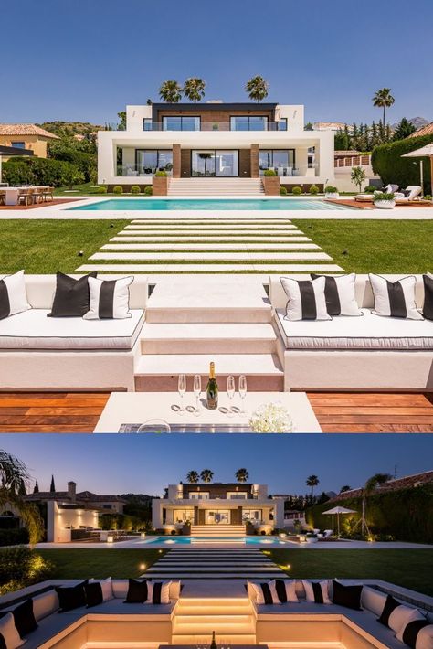 Luxury Villa in Marbella - Swish Luxury Rentals. Day and night photography, outdoor, swimming pool, mountain view, palms, modern villa American Villa, Pools Design, Marbella Villas, Luxury Villa Design, Sweet Home Design, 2 Storey House Design, Luxury Houses Mansions, Family Villa, Architect Design House