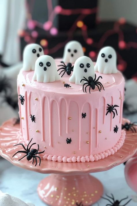 Pink Halloween Cake, Halloween Cake Ideas, Haunted House Cake, Spooky Halloween Cakes, Horror Cake, Chocolate Spiders, Vanilla Sheet Cakes, Cauldron Cake, Small Bites Appetizers