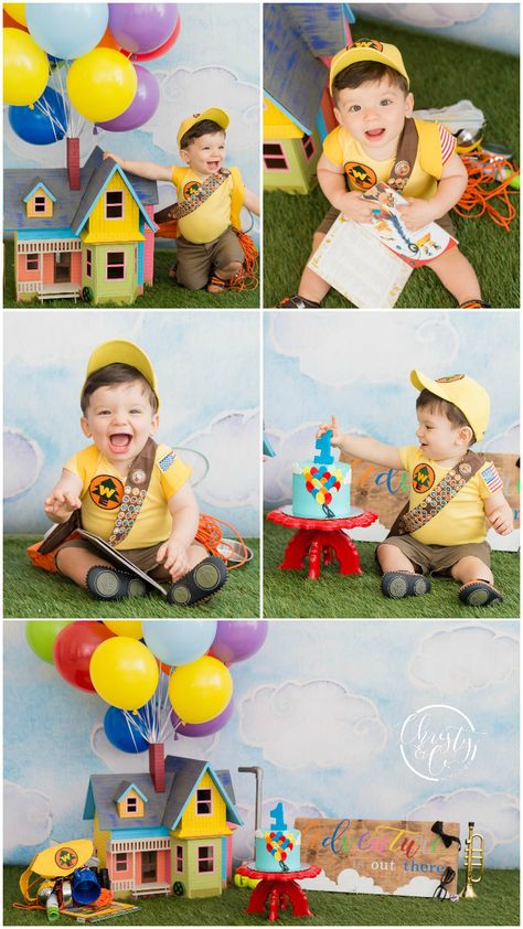 Pixar's UP Cake Smash | First Birthday Session | Christy & Co. Photography Up Cake Smash, Cake Smash First Birthday, Boys First Birthday Cake, Cake Smash Theme, Up Cake, Boys 1st Birthday Party Ideas, Boy Birthday Party Themes, Monthly Baby Photos, Twins 1st Birthdays