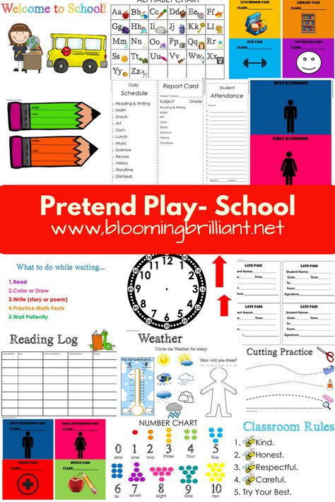 Pretend Play School My kids are obsessed with pretend play. Playing school is another thing they love to do. Whether it is with each other or a classroom full of dolls they are role playing and having fun while learning. I ended up creating this Pretend Play School Set for them to enhance their pretend … Pretend Play School, Pretend School, Free School Printables, Pretend Play Printables, Dramatic Play Printables, Dramatic Play Preschool, Dramatic Play Area, Welcome To School, School Kit